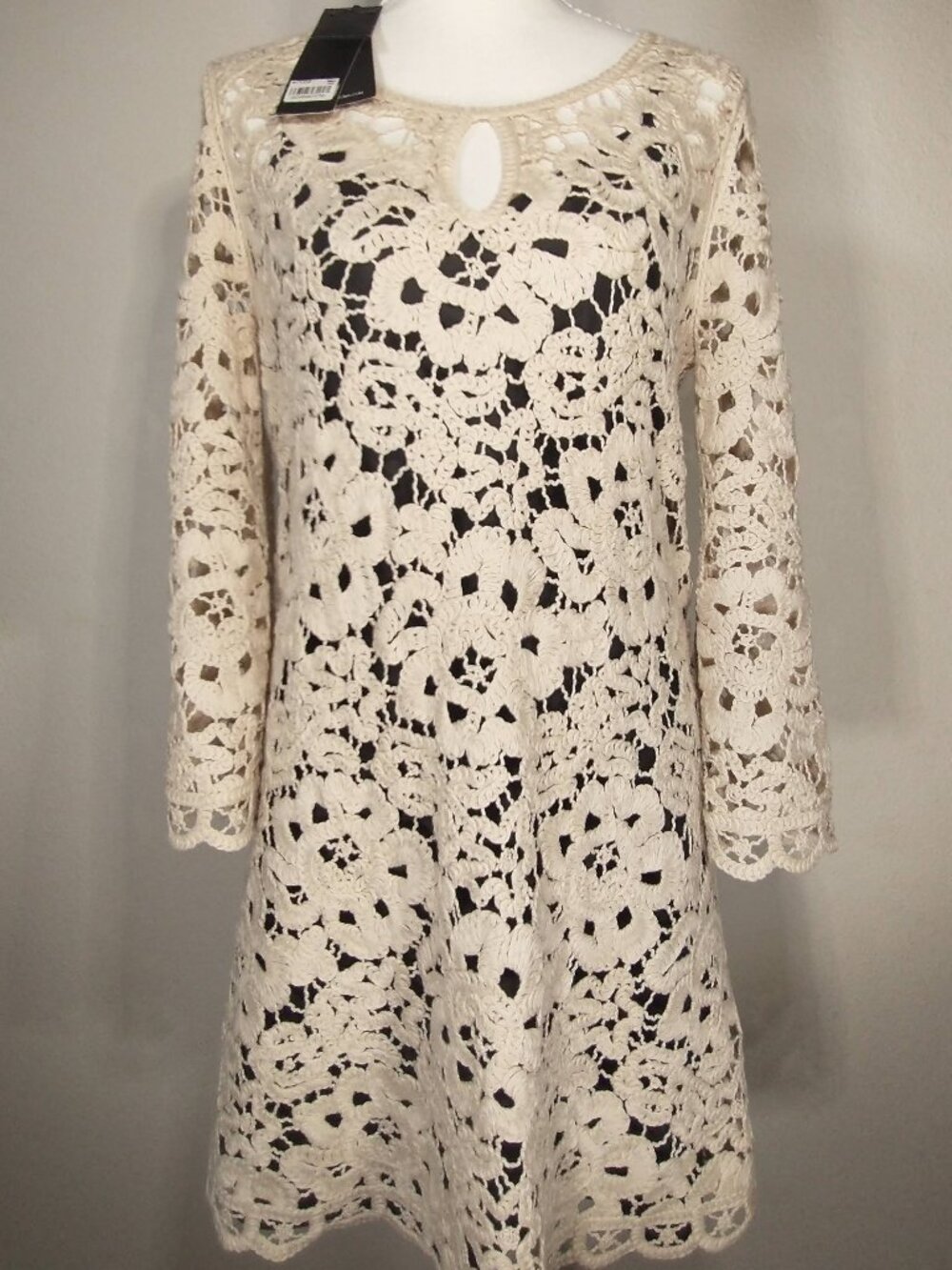 NWT BCBGMAXAZRIA Cream Crochet Sheer Mini Dress S Boho Festival Beach Cover Up